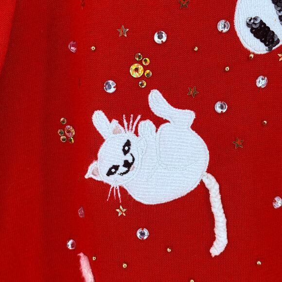 Jack B Quick Christmas Kitten Cat Sequin Embellished Sweater Womens Sz L Holiday - Picture 5 of 9